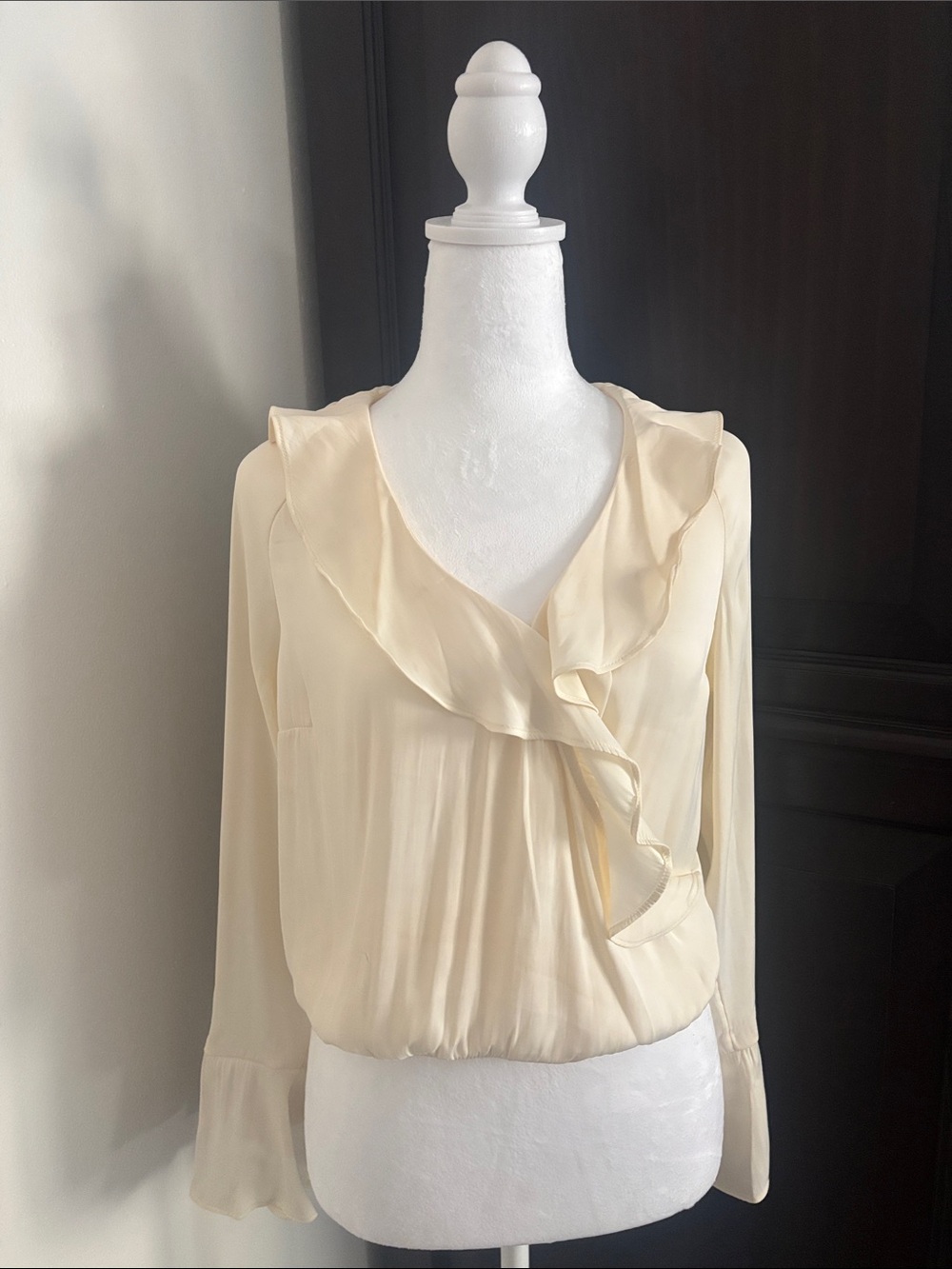 a new day Cream Ruffle V-Neck Blouse with Long Sleeves